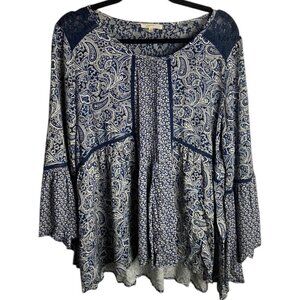 Mystree Size Large Blouse Top Paisley Reto Hippie Fairy Lace Blue Long Sleeve